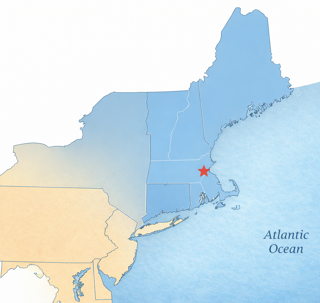 New England service region map with Worcester headquarters marked
